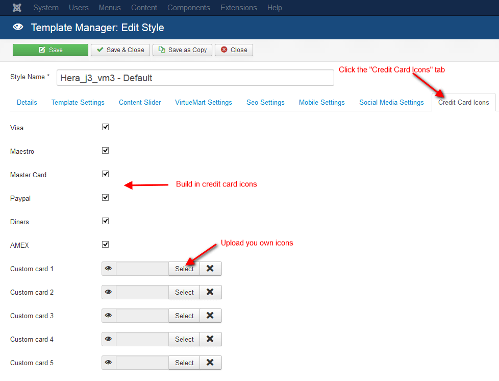 Screenshot of the Credit Cards tab in the template configuration page.