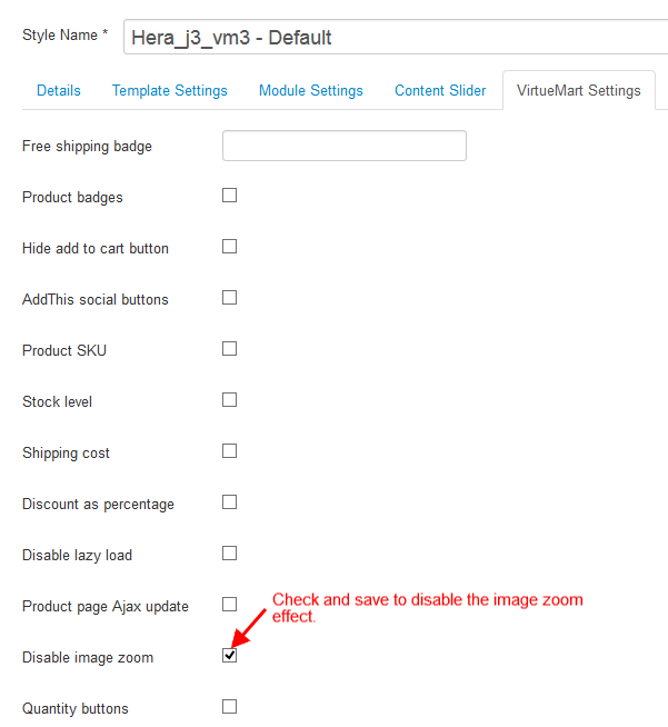 Screenshot of the VirtueMart settings tab.