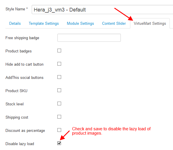 Screenshot of the VirtueMart settings tab.