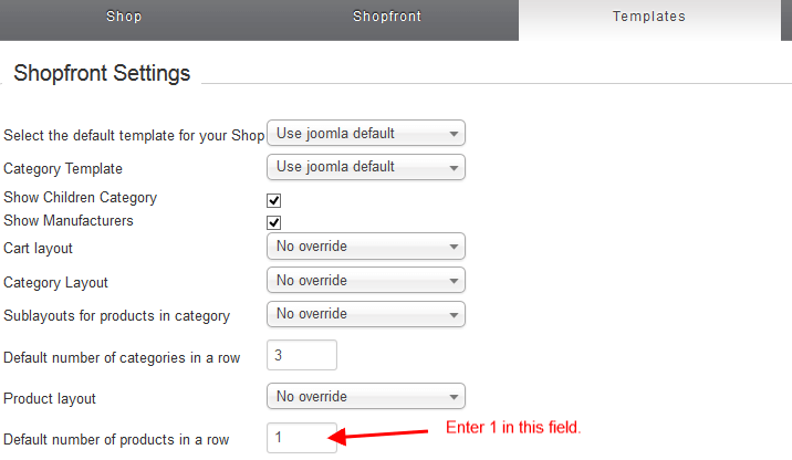 VirtueMart configuration, shopfront settings screenshot.