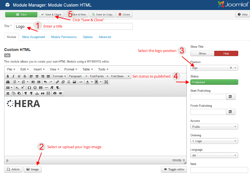 The Joomla custom HTML module editing screen.