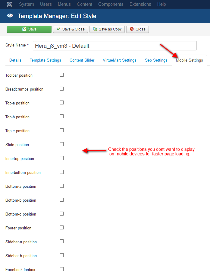 Screenshot of the Mobile Settings tab in the template configuration page.