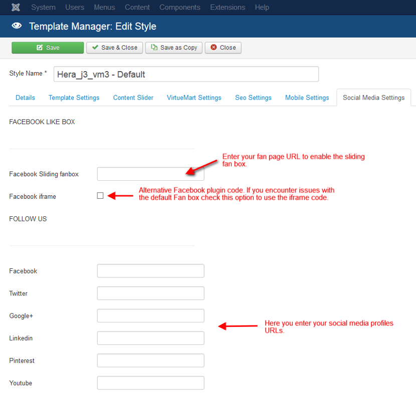 Screenshot of the Social Media Settings tab in the template configuration page.