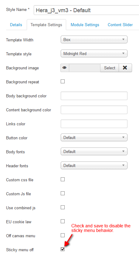 Screenshot of the template settings tab.