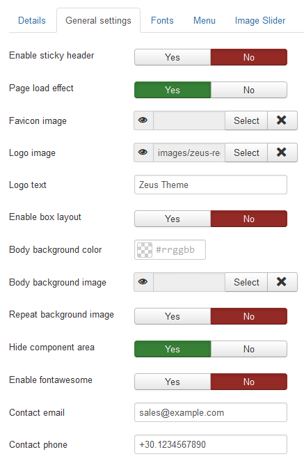 Zeus virtuemart template general settings.